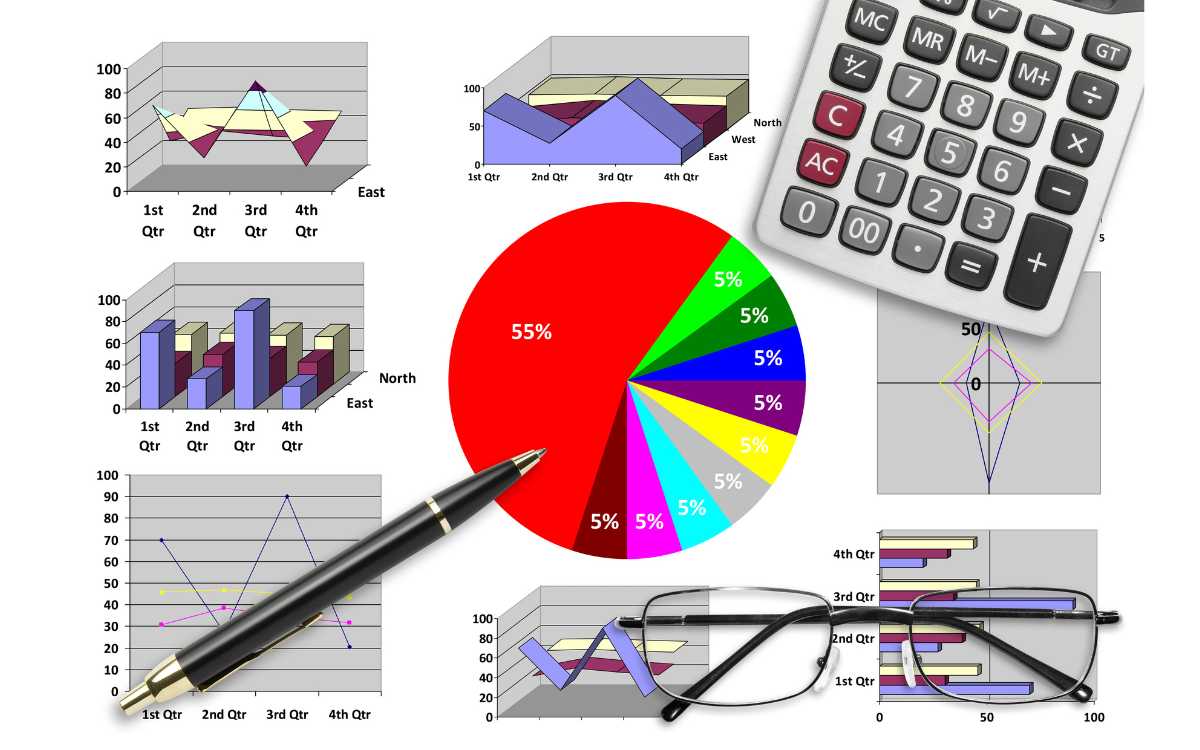 Un gráfico circular, gráficos, gafas y un bolígrafo sobre un fondo blanco.